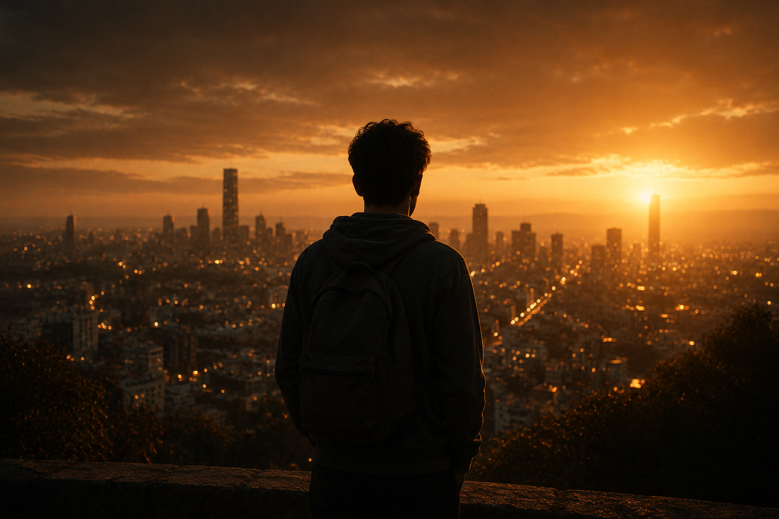 Joven observando una ciudad al atardecer