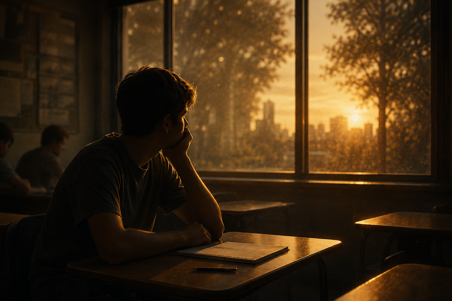 Joven mirando por la ventana de una sala de clases